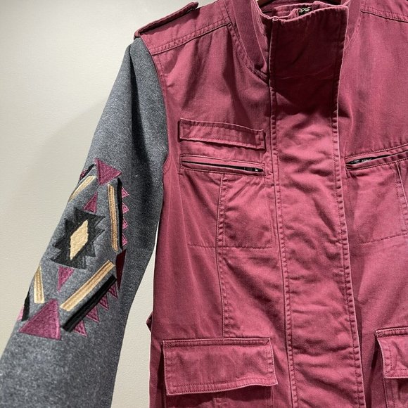 LA Hearts Womens M High Neck Embroidered Utility Jacket Boho Southwest Burgundy - Picture 4 of 12